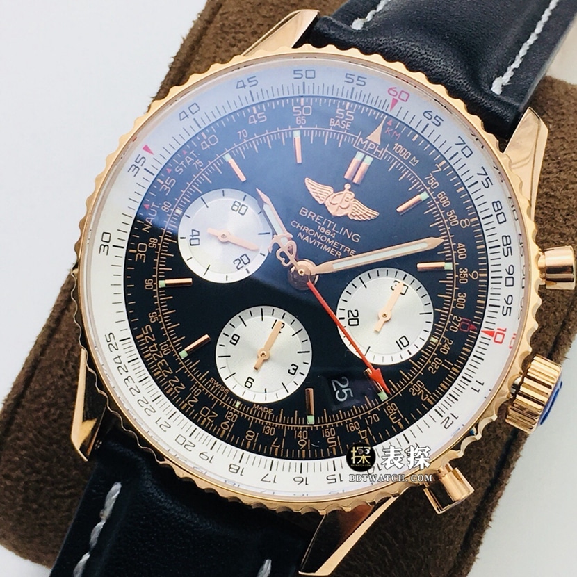 GB factory Breitling aviation chronograph11:1super watch men's black panda dial rose goldleather strap model pictures and prices front live photo