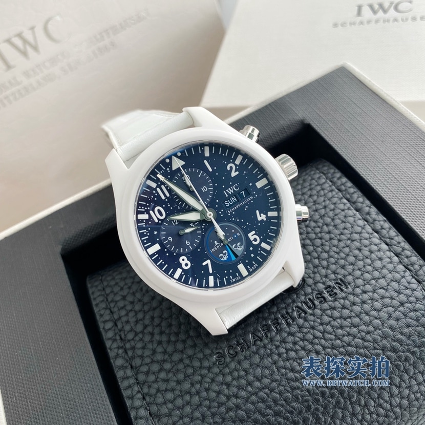 IWC blue dial pilot series naval air combat unit chronograph watch front