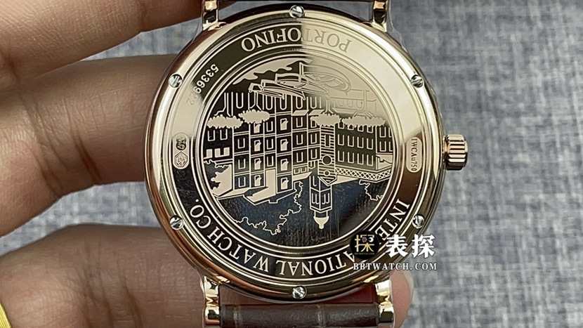 V7 factory IWC Portofino watch men's silver white dialleather strap model pictures and prices caseback live photo