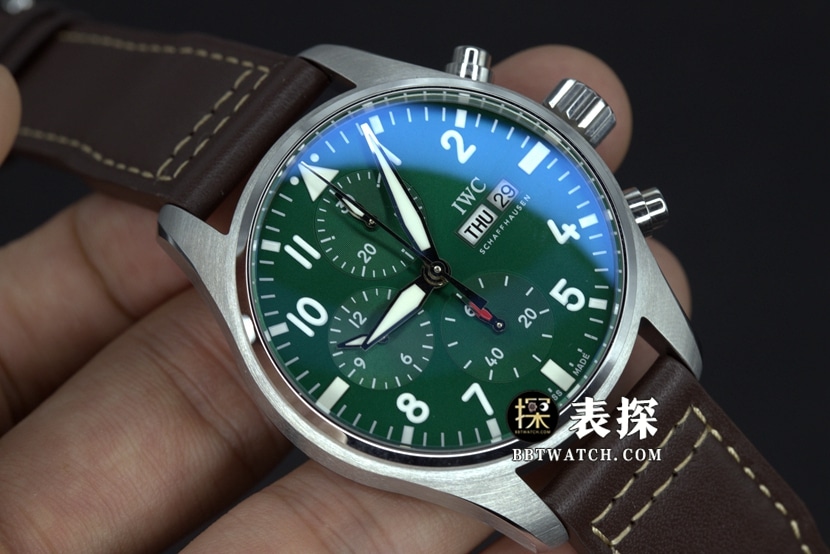 IWC pilot watch green dial white needle leather strap model pictures and prices front live photo