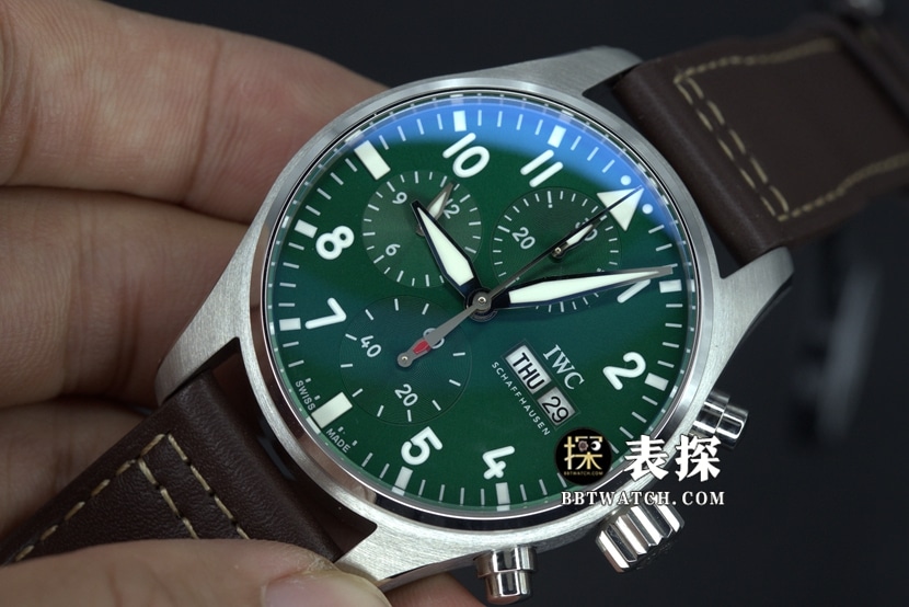 IWC pilot watch green dial white needle leather strap model pictures and prices front live photo