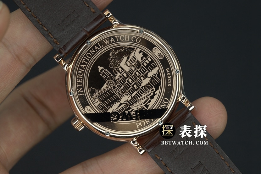 V7 factory IWC men's Portofino watch rock gray plate gold needle leather strap model IW356511caseback live photo