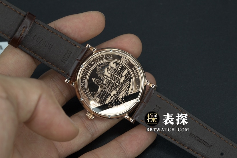 V7 factory IWC men's Portofino watch rock gray plate gold needle leather strap model IW356511caseback live photo