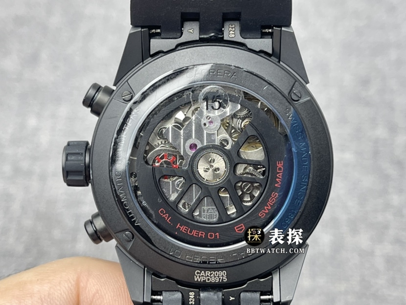 XF factory TAG Heuer Carrera top-tier watch men's black hollow plate rubber model pictures and prices caseback live photo