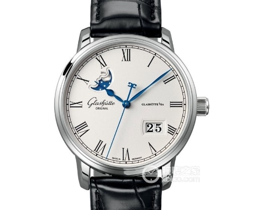 GL factory member Glashütte Original1:1replica watch white dialmoon phaseleather strap model 100-04-32-12-04