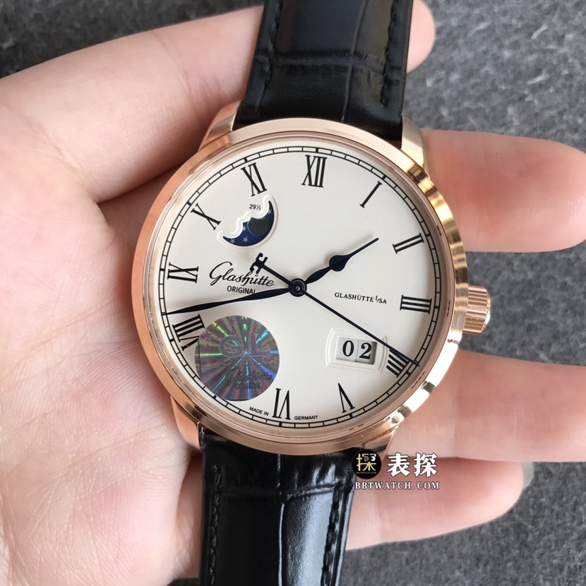GL factory Glashütte Original original watch men's white dialmoon phaserose goldleather strap picture and price front live photo