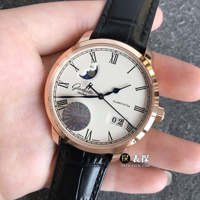 GL factory Glashütte Original original watch men's white dialmoon phaserose goldleather strap picture and price front live photo