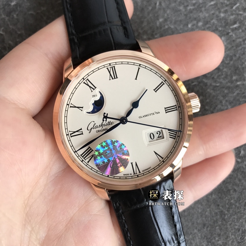 GL factory Glashütte Original original watch men's white dialmoon phaserose goldleather strap picture and price front live photo