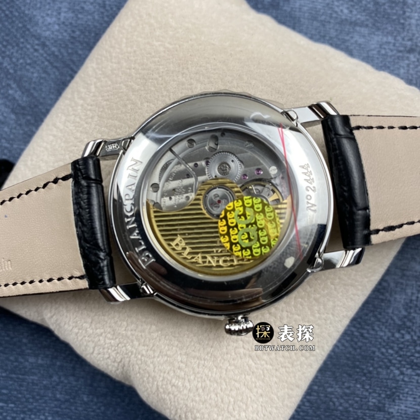 OM FactoryBlancpain classic top-tier 1:1super watch men's white dialmoon phaseleather strap picture and price caseback live photo