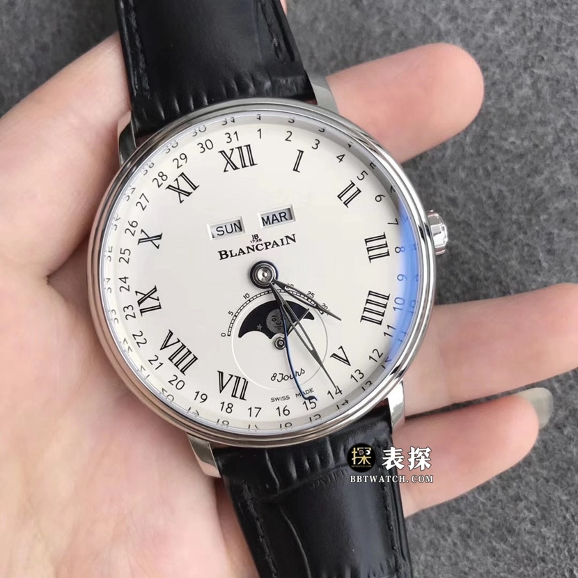 TTC factory Blancpain classic 6263 top-tier watch men's white dial full date displaymoon phaseleather strap model pictures and prices front live photo