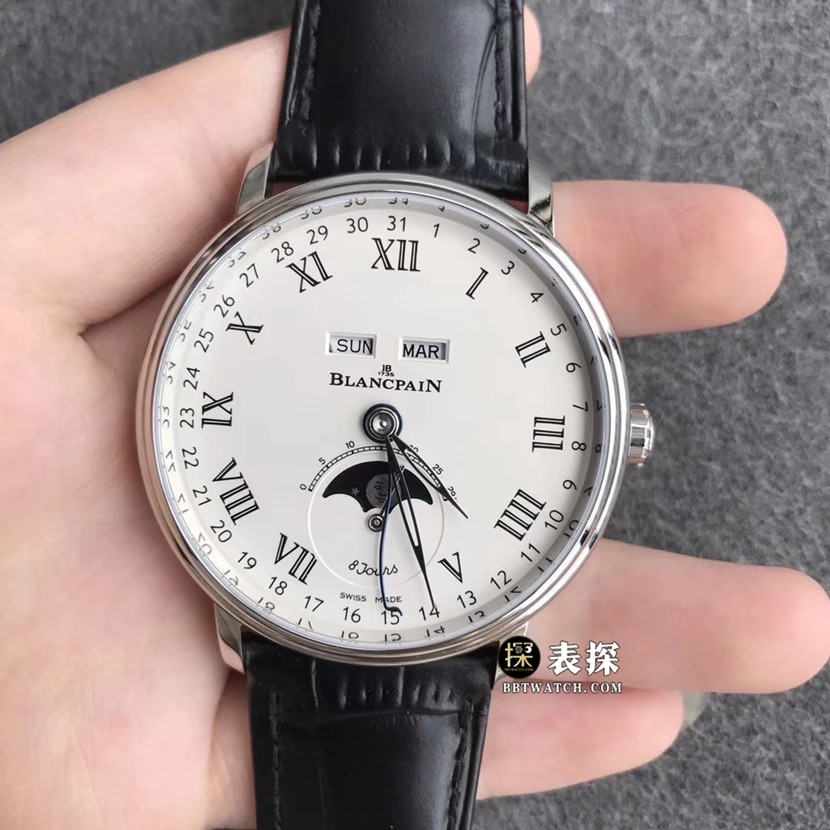 TTC factory Blancpain classic 6263 top-tier watch men's white dial full date displaymoon phaseleather strap model pictures and prices front live photo