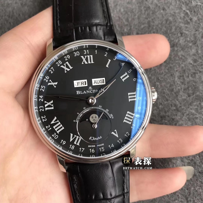 TTC factory Blancpain classic watch men's black dial full date displaymoon phaseleather strap model pictures and prices front live photo