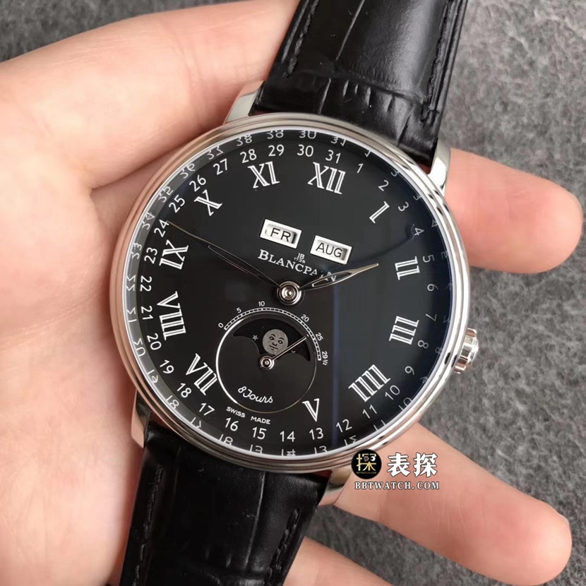 TTC factory Blancpain classic watch men's black dial full date displaymoon phaseleather strap model pictures and prices front live photo