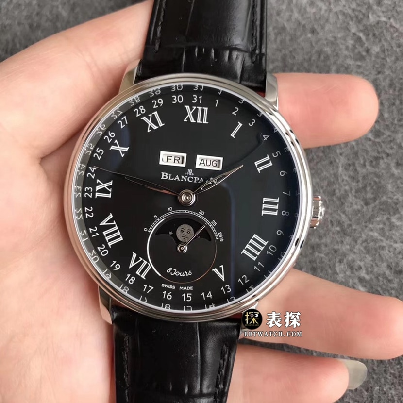 TTC factory Blancpain classic watch men's black dial full date displaymoon phaseleather strap model pictures and prices front live photo