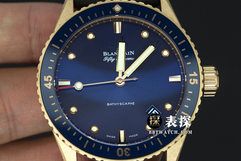 Blancpain Fifty Fathoms top-tier watch men's blue dial gold needle leather strap model pictures and prices front live photo