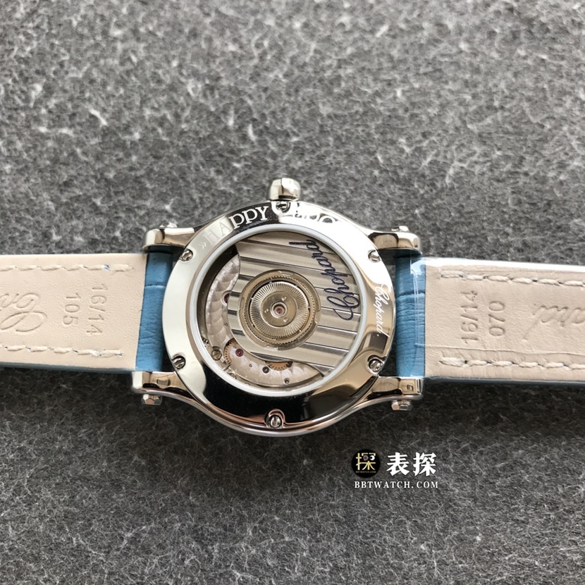 TWF factory Chopard women's five-bead happy diamond watch blue dialleather strap model pictures and prices caseback live photo