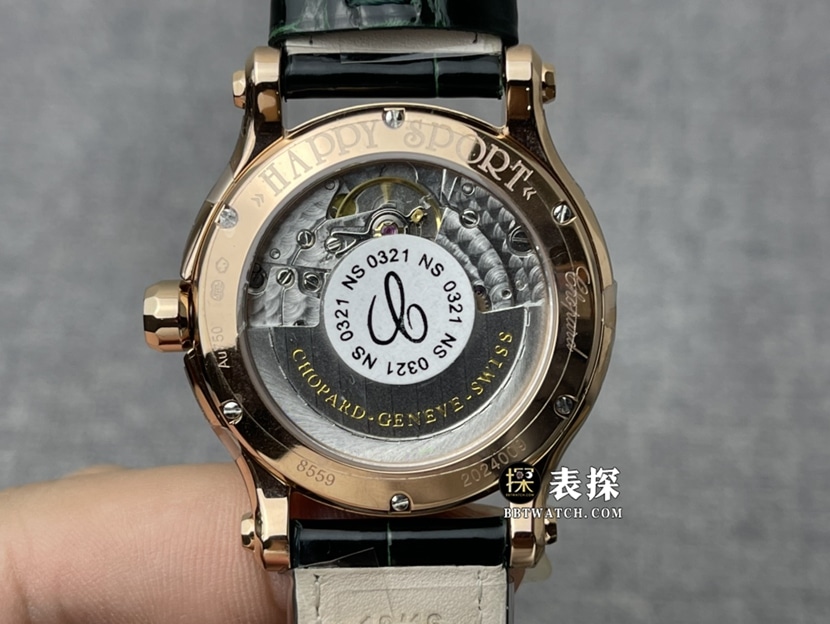 YF factory Chopard ladies happy diamond top-tier 1:1high-quality watch green mother-of-pearl plate leather strap model pictures and prices caseback live photo