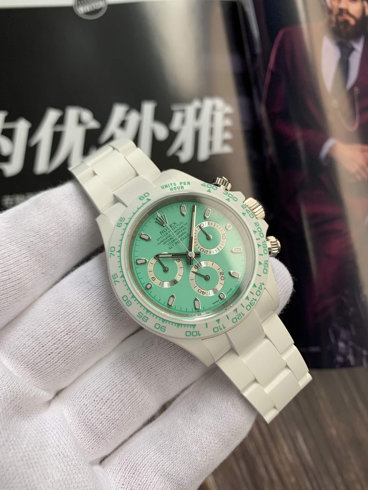 AET factory Rolex men's Daytonachronograph top-tier watch green dialceramic model front live photo