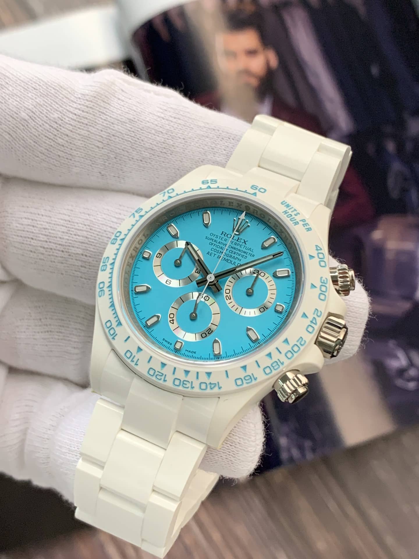 AET factory Rolex men's Daytonachronographtop-tier 1:1super watch blue dialceramic model front live photo