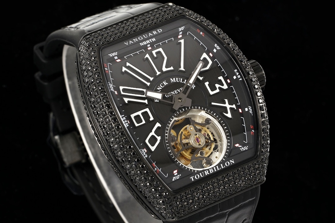 RMS factory Frank Muller men's watch black dial diamond tourbillonleather strap model V45front live photo