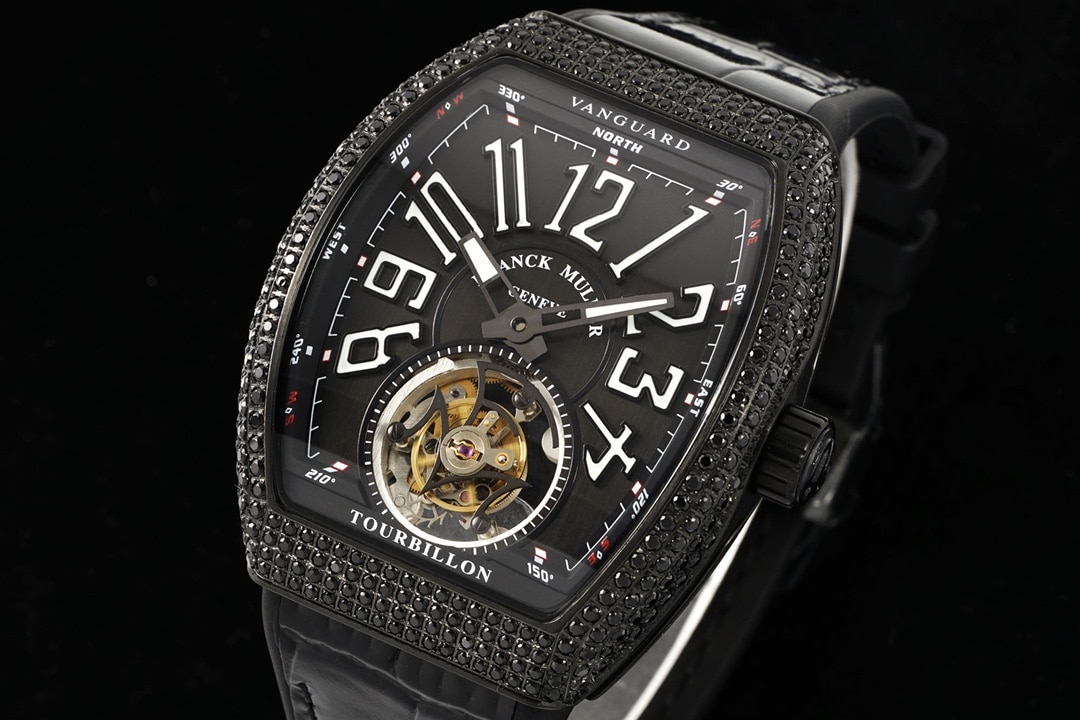RMS factory Frank Muller men's watch black dial diamond tourbillonleather strap model V45front live photo