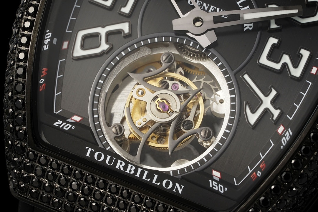 RMS factory Frank Muller men's watch black dial diamond tourbillonleather strap model V45front live photo