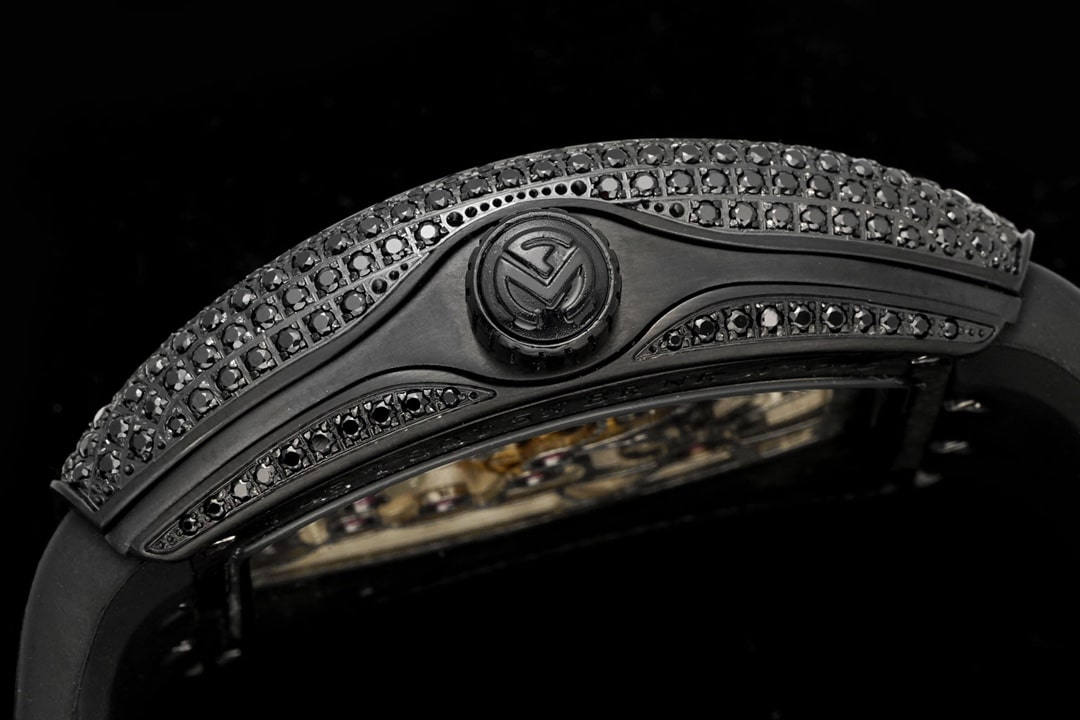 RMS factory Frank Muller men's watch black dial diamond tourbillonleather strap model V45side live photo