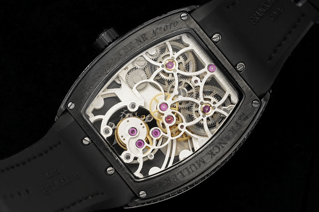 RMS factory Frank Muller men's watch black dial diamond tourbillonleather strap model V45caseback live photo