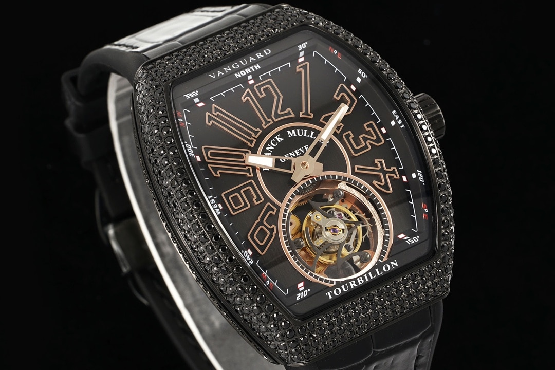 RMS factory Frank Muller men's watch black dial diamond rose goldtourbillonleather strap model V45front live photo