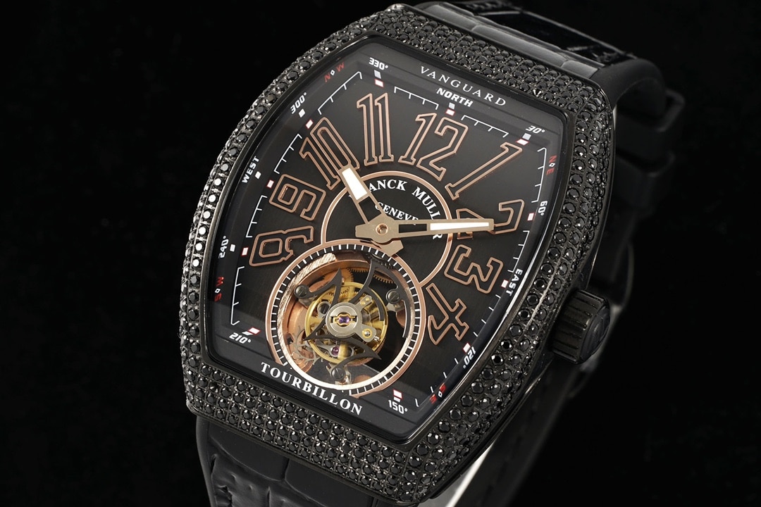 RMS factory Frank Muller men's watch black dial diamond rose goldtourbillonleather strap model V45front live photo