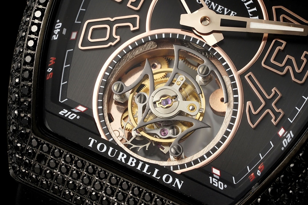 RMS factory Frank Muller men's watch black dial diamond rose goldtourbillonleather strap model V45front live photo