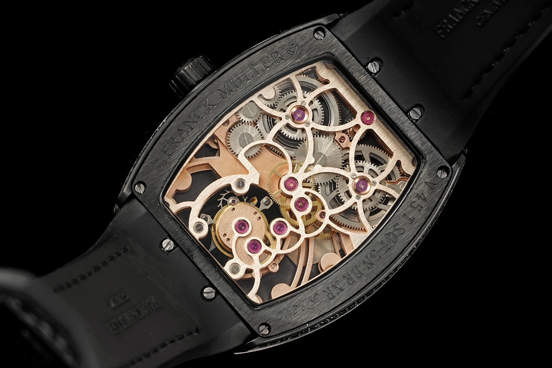 RMS factory Frank Muller men's watch black dial diamond rose goldtourbillonleather strap model V45caseback live photo