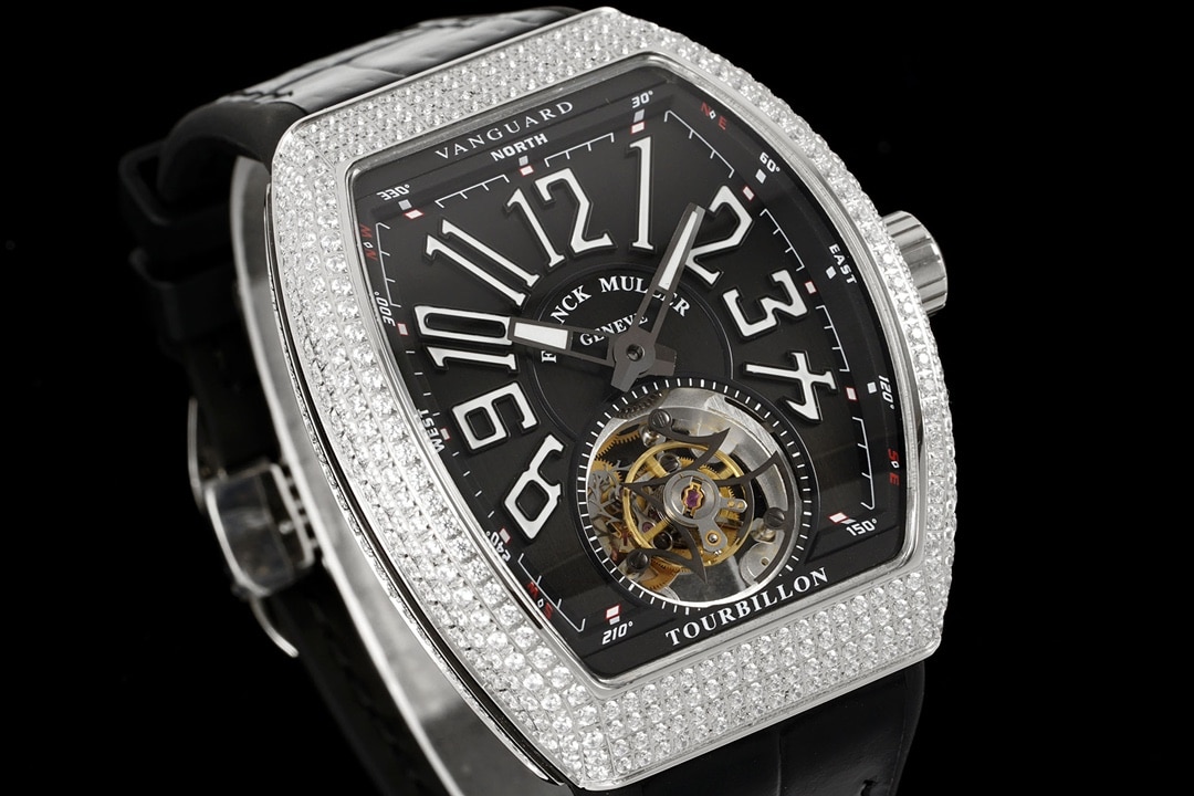 RMS factory Frank Muller men's watch black dial diamond flywheel leather strap model V 45 T D (NR) front live photo