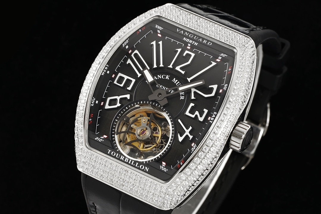 RMS factory Frank Muller men's watch black dial diamond flywheel leather strap model V 45 T D (NR) front live photo