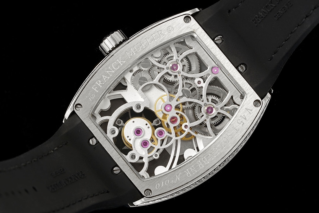 RMS factory Frank Muller men's watch black dial diamond flywheel leather strap model V 45 T D (NR) caseback live photo