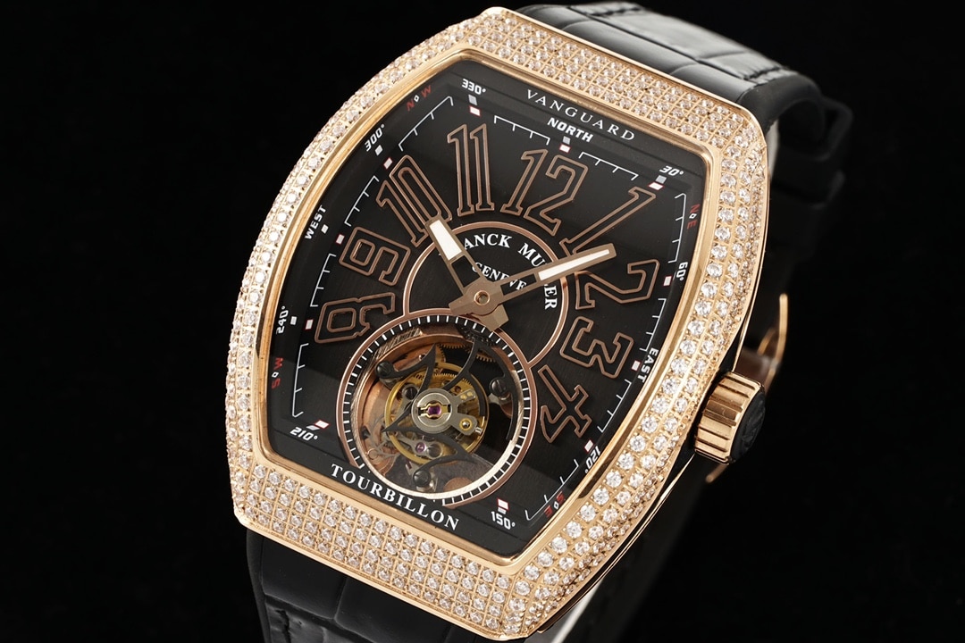 RMS factory Frank Muller men's top-tier watch black dialrose gold diamond leather strap model V 45 T D (NR) front live photo