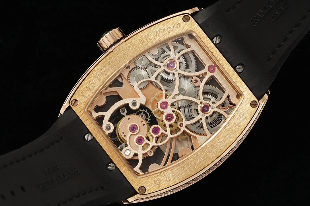 RMS factory Frank Muller men's top-tier watch black dialrose gold diamond leather strap model V 45 T D (NR) caseback live photo