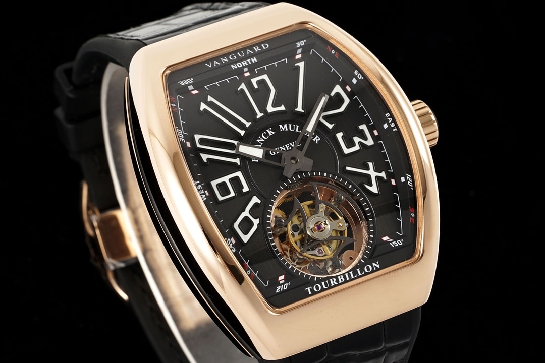 RMS factory Frank Muller men's watch black dialrose goldleather strap model V45front live photo