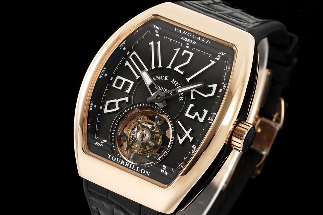 RMS factory Frank Muller men's watch black dialrose goldleather strap model V45front live photo