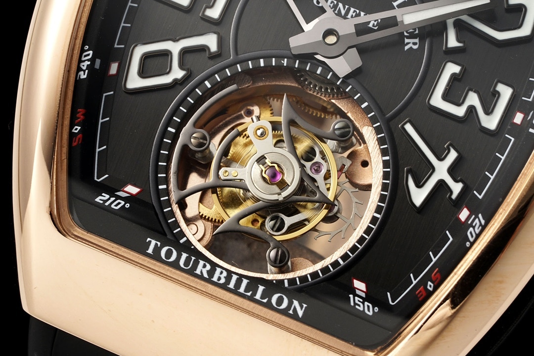RMS factory Frank Muller men's watch black dialrose goldleather strap model V45front live photo
