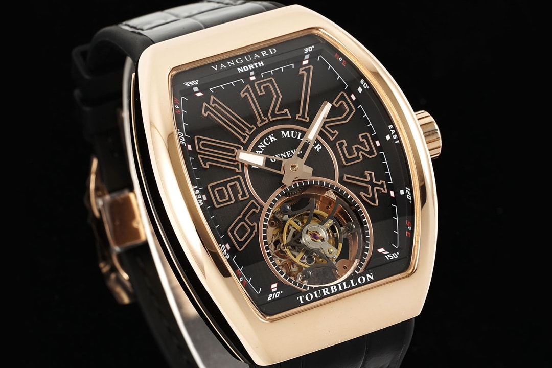 RMS factory Frank Muller men's watch black dialrose goldleather strap model V 45 T BR (NR) front live photo