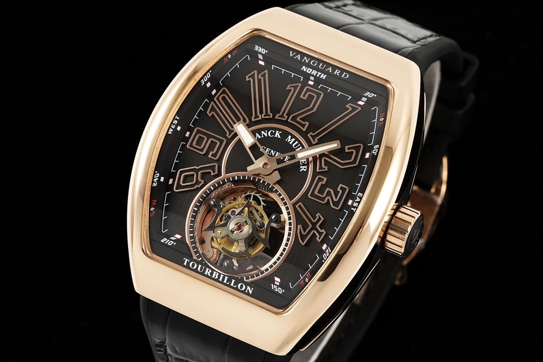 RMS factory Frank Muller men's watch black dialrose goldleather strap model V 45 T BR (NR) front live photo