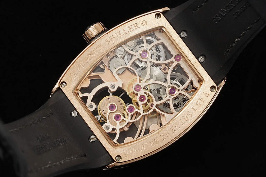 RMS factory Frank Muller men's watch black dialrose goldleather strap model V 45 T BR (NR) caseback live photo