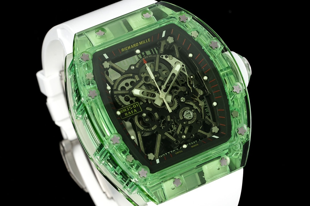 Richard Mille men's top-tier watch green transparent hollow plate rubber model RM35-01front live photo