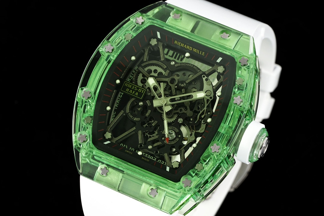 Richard Mille men's top-tier watch green transparent hollow plate rubber model RM35-01front live photo