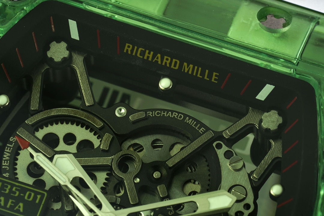 Richard Mille men's top-tier watch green transparent hollow plate rubber model RM35-01front live photo