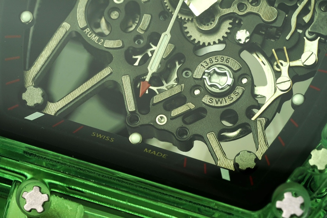 Richard Mille men's top-tier watch green transparent hollow plate rubber model RM35-01front live photo