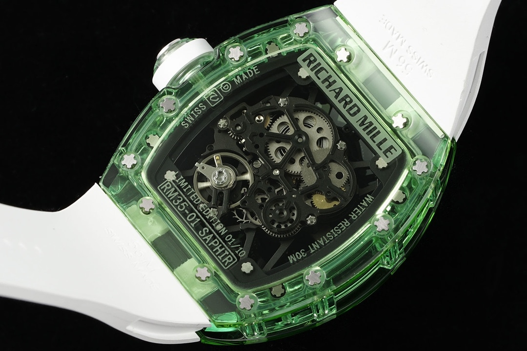 Richard Mille men's top-tier watch green transparent hollow plate rubber model RM35-01caseback live photo