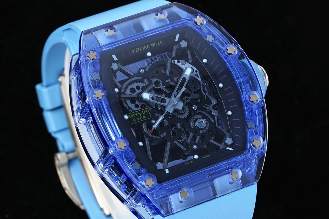 Richard Mille men's top-tier 1:1high-quality watch blue transparent hollow plate blue rubber model RM35-01front live photo
