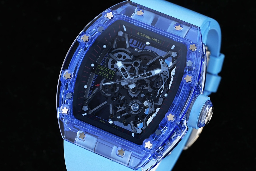 Richard Mille men's top-tier 1:1high-quality watch blue transparent hollow plate blue rubber model RM35-01front live photo